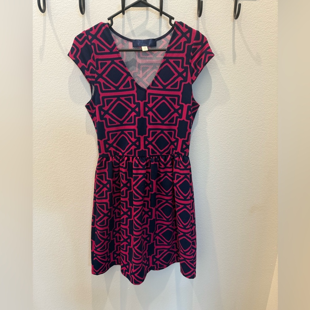 Geometric Pink & Navy Fit and Flare Dress – Size M